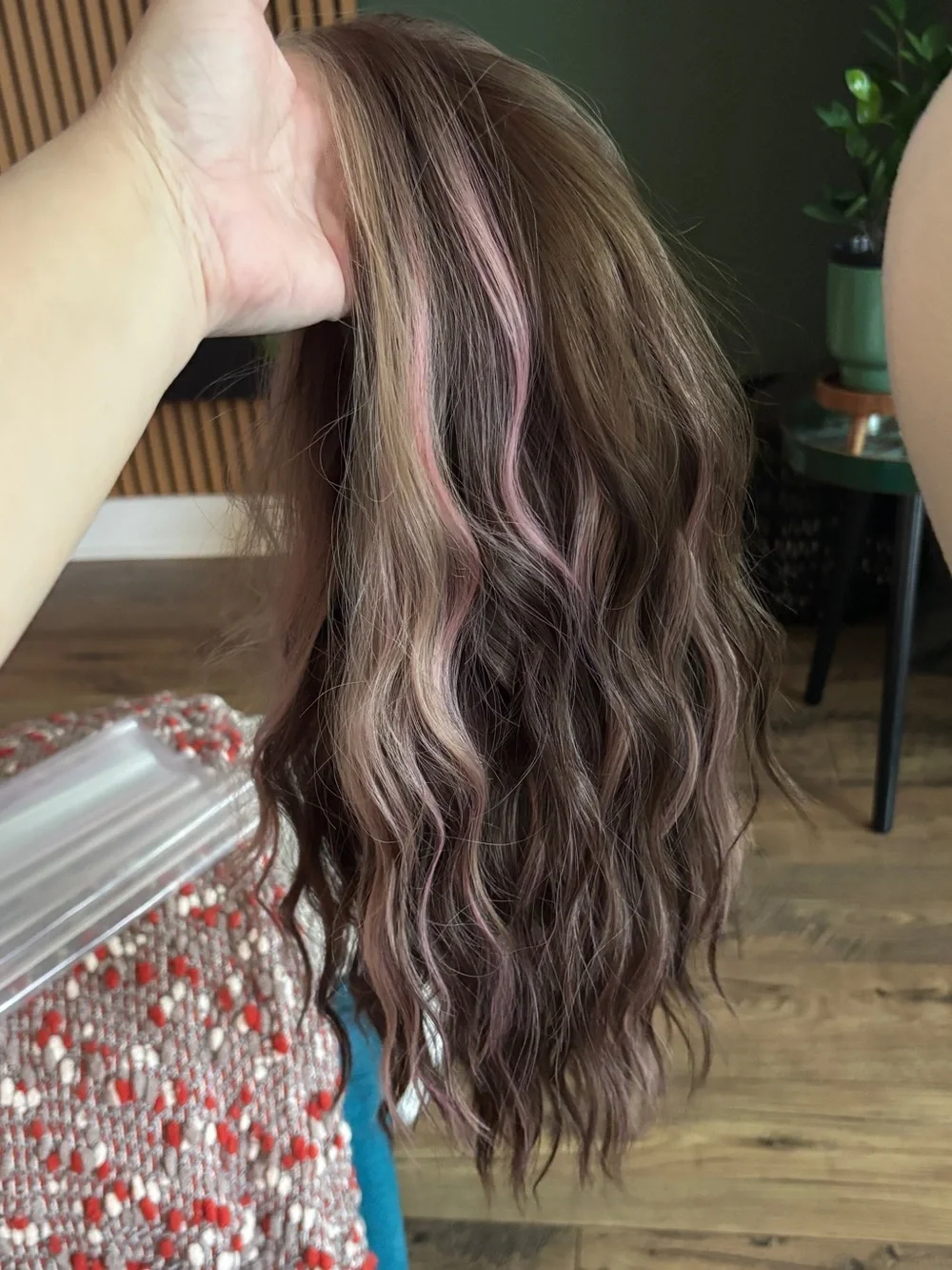 Carkira brown with pink face framing highlights. Petite but fits standard.